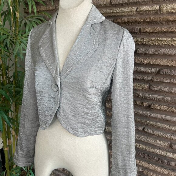 White House Black Market Silver Metallic Cropped Fitted Jacket Size 6 - Picture 4 of 6